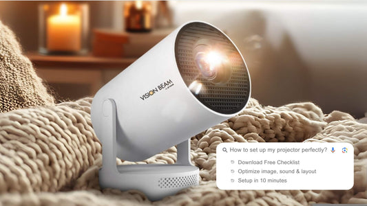 Vision Beam projector on cozy blanket with candlelight, symbolizing home cinema atmosphere