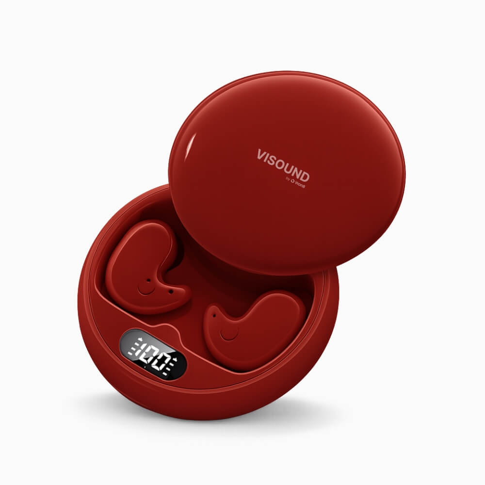 VISOUND by Q.Hone deep red wireless earbuds charging case with an open lid revealing two earbuds featuring subtle smiley faces and a digital display showing 100