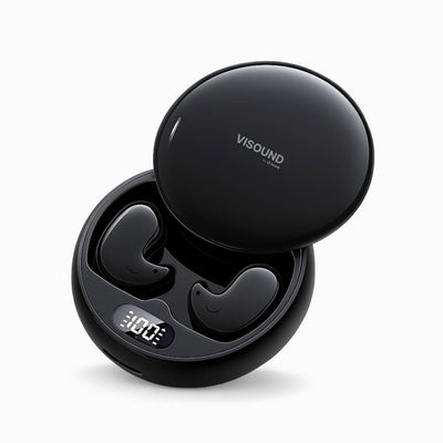 Black Visound wireless earbuds in an open circular charging case featuring the Visound logo, two black earbuds with subtle smile-like details, and a digital display showing 100, presented on a white background