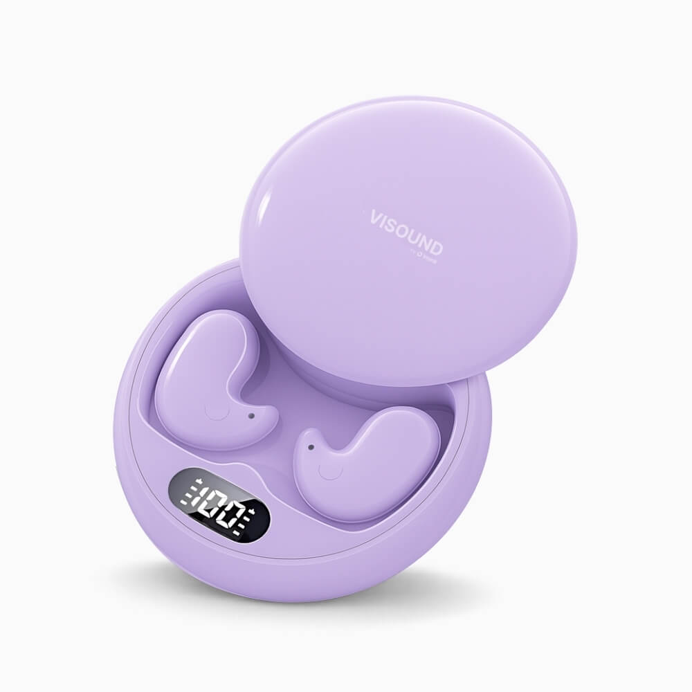 Visound lavender wireless earbuds in an open charging case featuring a digital 100% battery display and subtle happy face designs on the earbuds